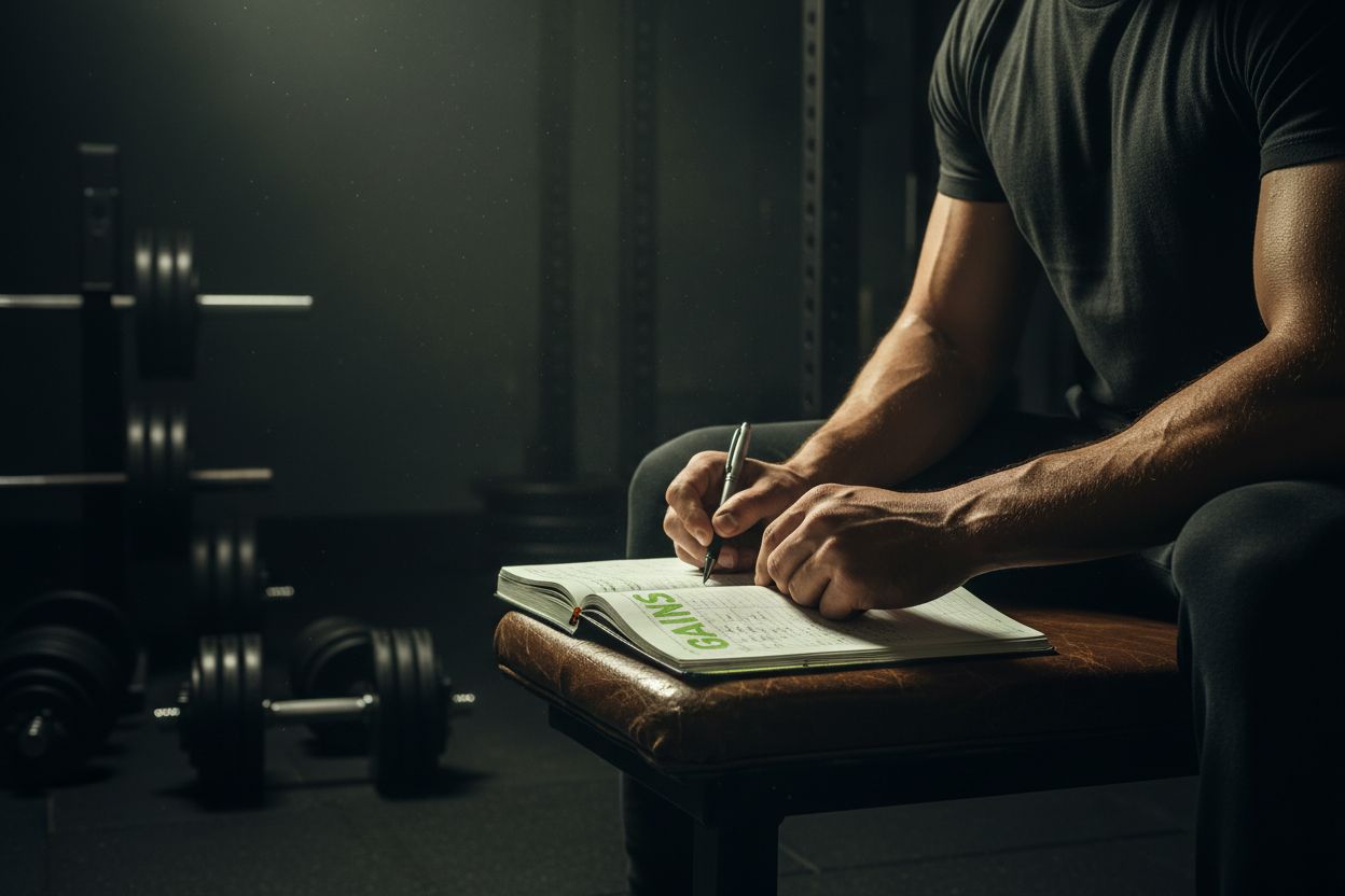 Person logging workout in a notebook at the gym