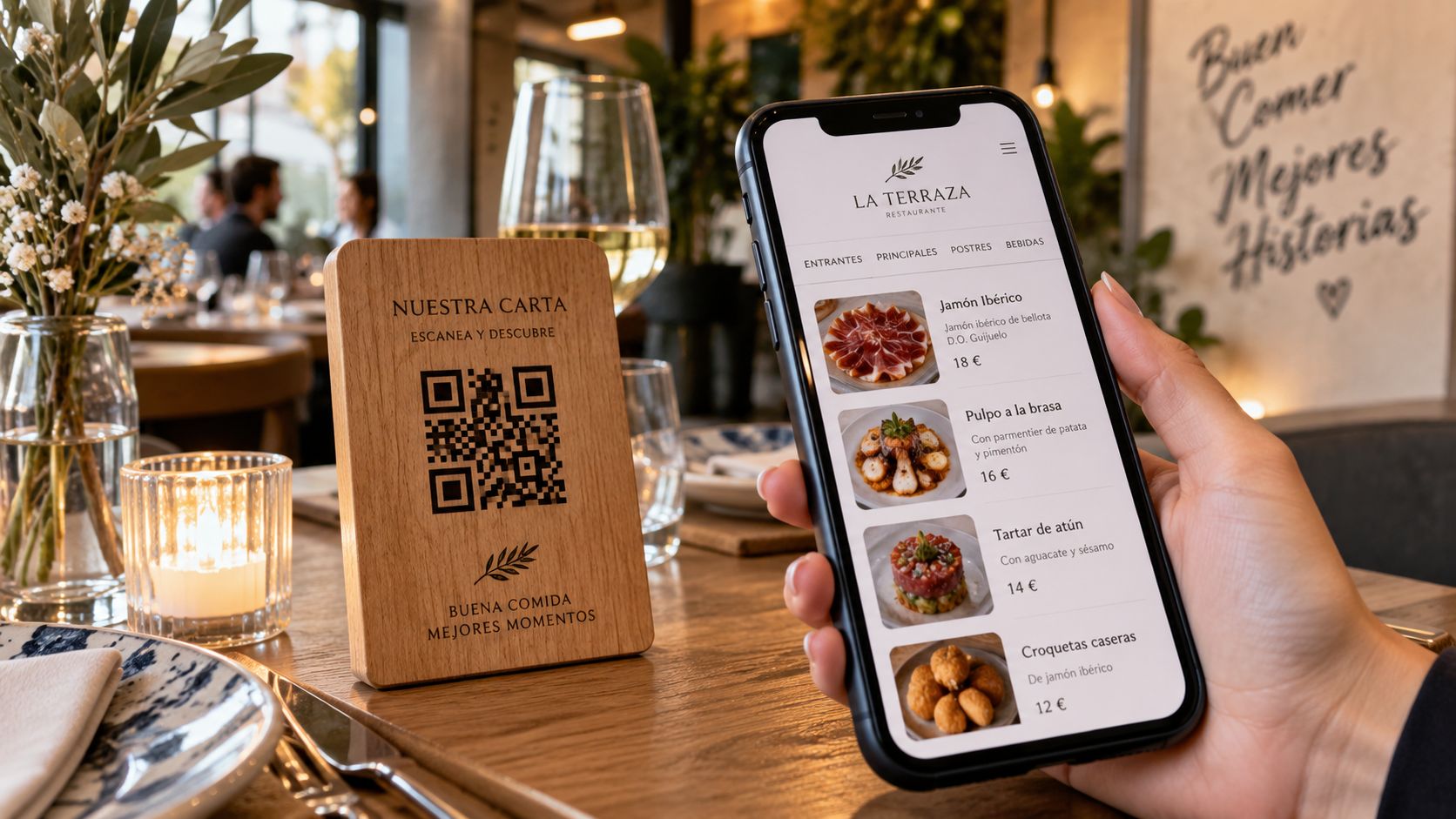 Una mano sosteniendo un smartphone mostrando un menú digital junto a un soporte de madera con código QR.
