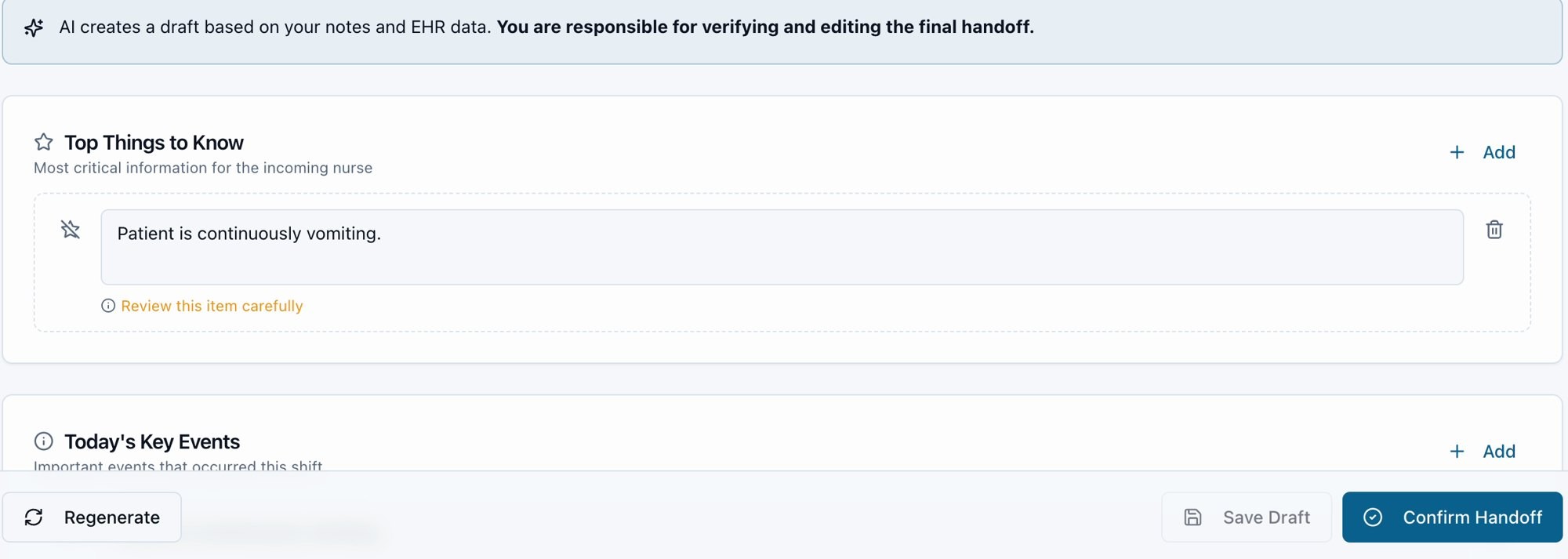 The draft, doubted: The responsibility line sits above the draft, a doubtful item says Review this item carefully, and Confirm is the only primary action.