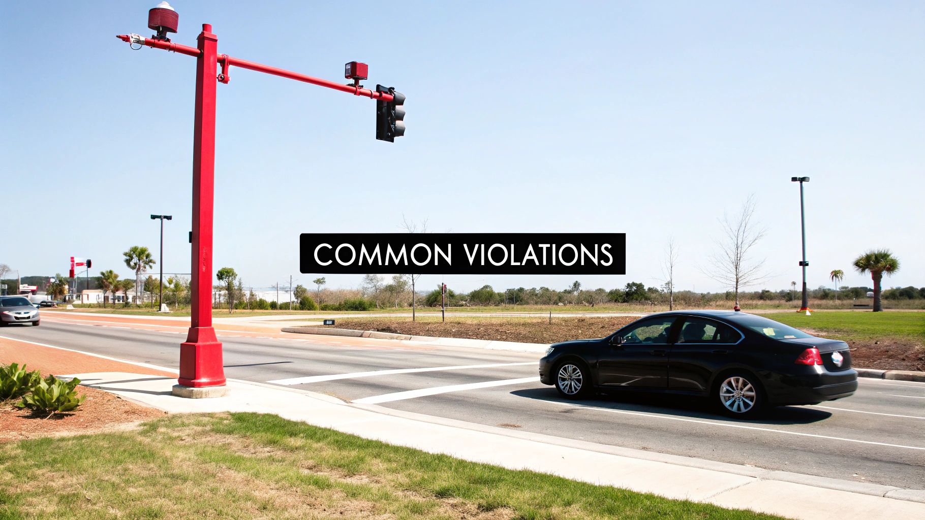 A black car turning at an intersection with a red traffic light pole and a 'COMMON VIOLATIONS' sign.