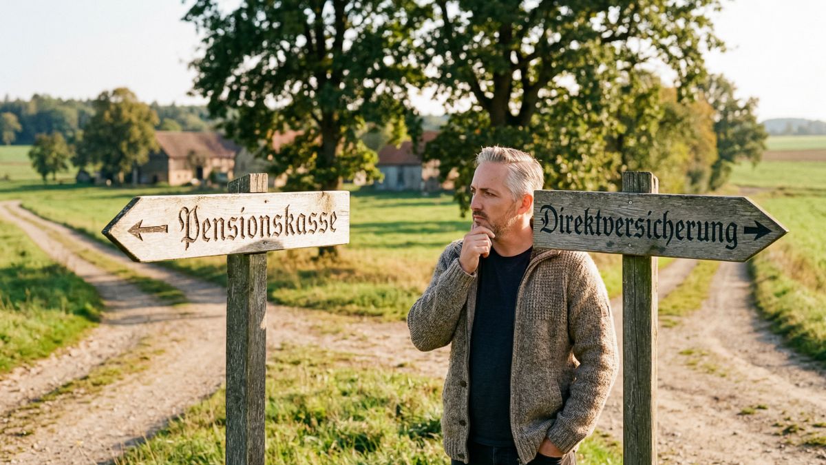 Zwei Wege-Schilder zeigen auf Pensionskasse und Direktversicherung	