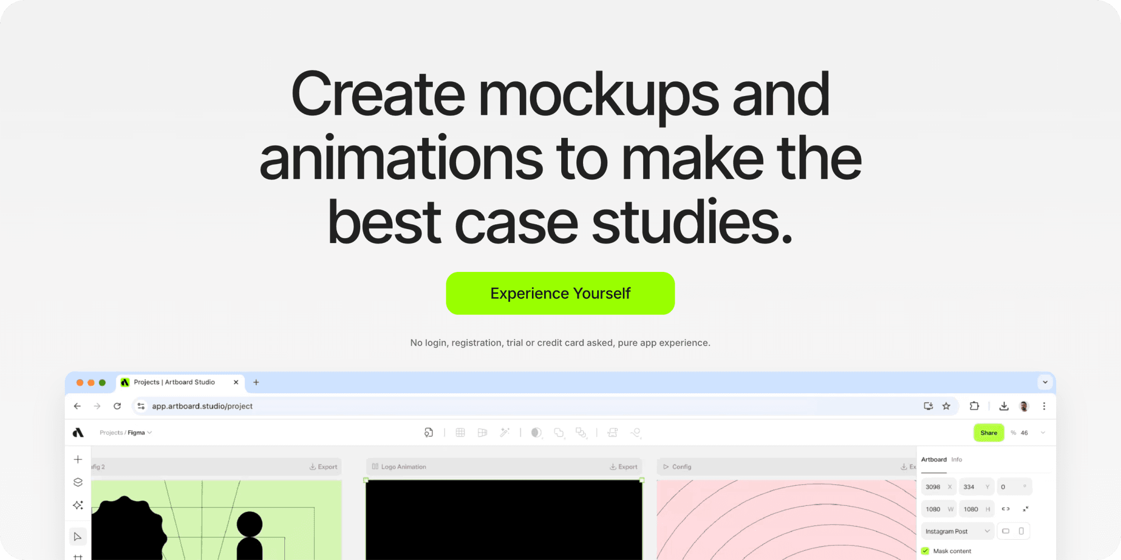 Artboard Studio website screenshot showing headline ‘Create mockups and animations to make the best case studies’ with a bright green ‘Experience Yourself’ button and a preview of the Artboard Studio editor interface below.