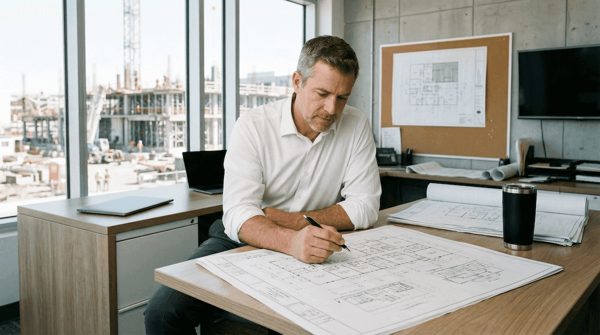 Construction project manager reviewing submittal documents showing no exceptions taken vs approved status