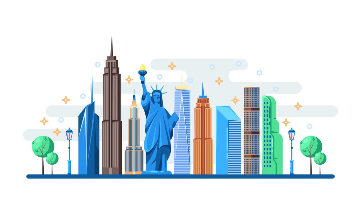 Stylized illustration of the New York City skyline with the Statue of Liberty and iconic skyscrapers, symbolizing the vibrant tech scene and upcoming IT events across NYC in 2026.