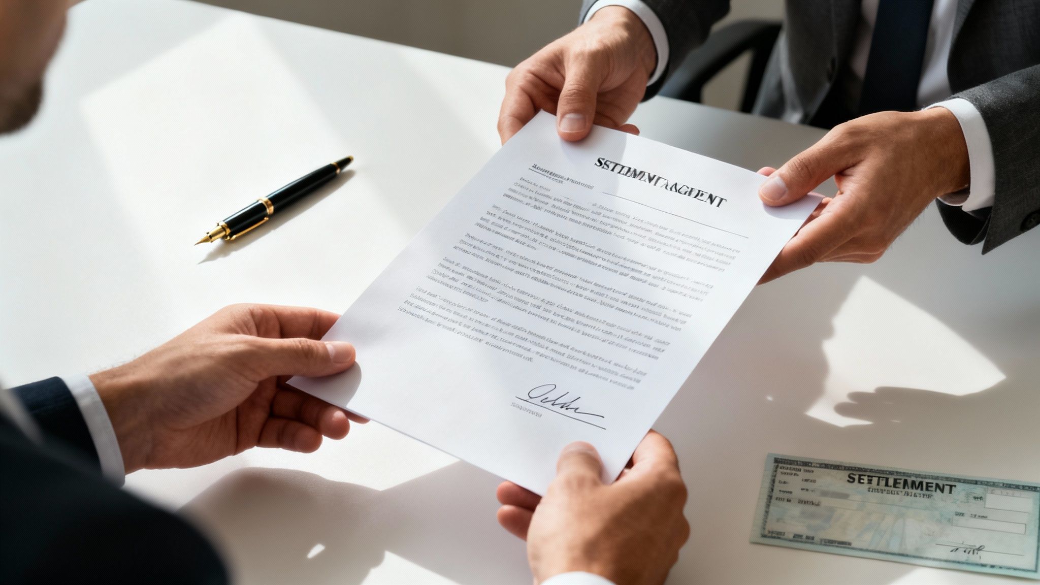 A person's hands signing a legal document on a wooden desk, symbolizing the finalization of an insurance settlement agreement.