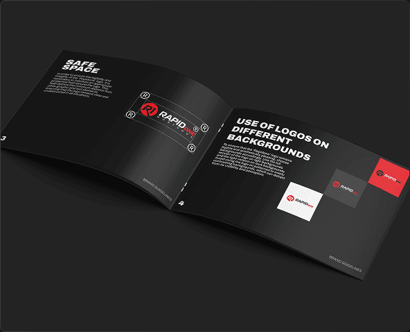 Rapid One Brand Guidelines: Open documentation showing rules for logo safe space and usage on different backgrounds in a black booklet.