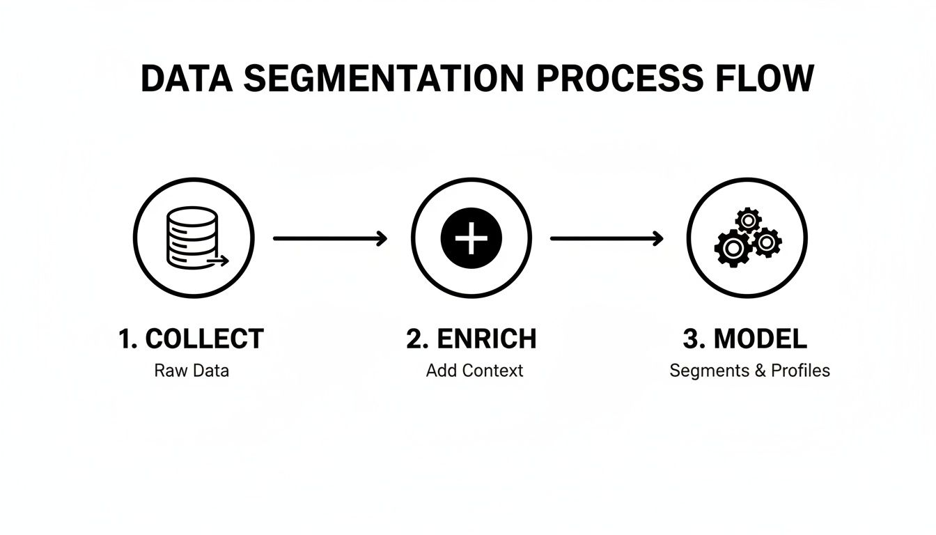 A data segmentation process flow diagram illustrating three key steps: collect, enrich, and model.