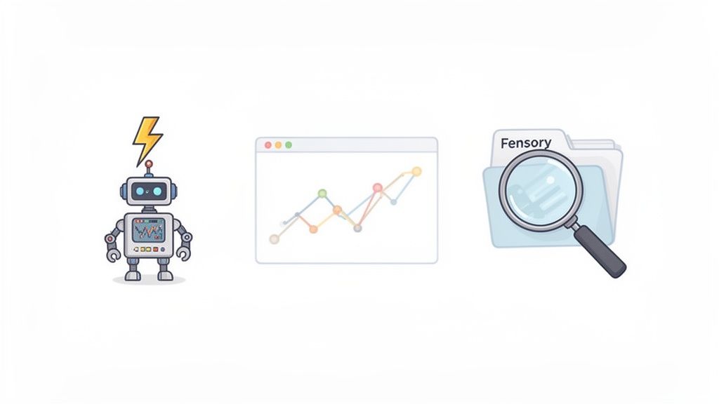 Illustration of an AI robot, market trend graph, and data search for crypto arbitrage.