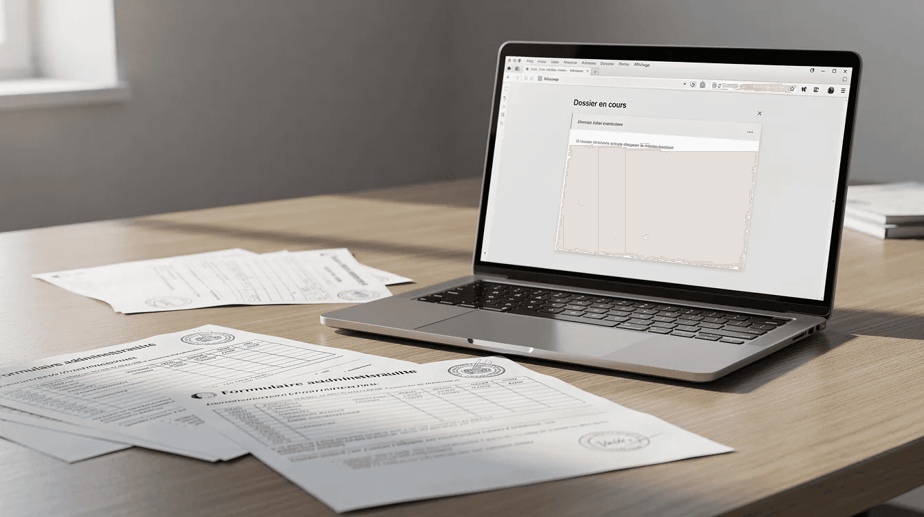 L'image montre des documents administratifs soigneusement disposés à côté d'un ordinateur portable sur un bureau, illustrant l'environnement de travail des entrepreneurs en e-commerce. Ces éléments évoquent l'activité de dropshipping et la gestion des commandes pour une boutique en ligne.
