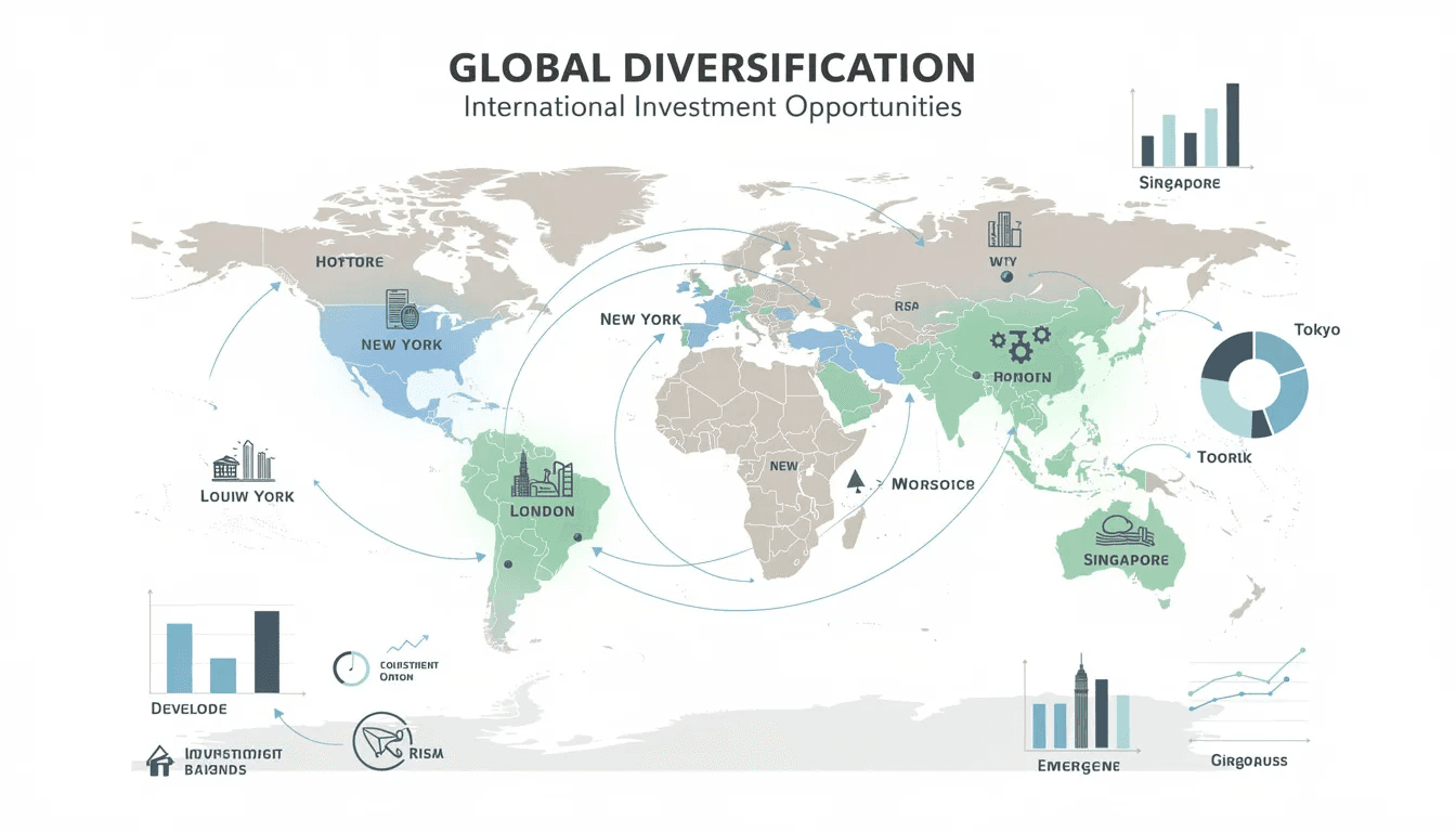 A world map is depicted, with various regions highlighted to showcase international investment opportunities and global diversification strategies for high net worth investors. The image emphasizes alternative investments such as private equity and hedge funds, illustrating the importance of portfolio diversification and risk management in complex financial planning.