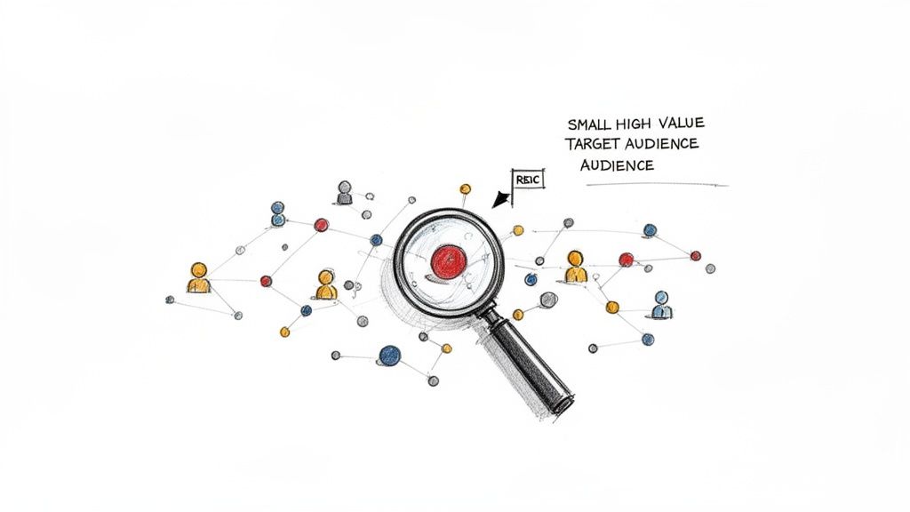 A magnifying glass highlights a small, high-value target audience within a larger network of interconnected people.