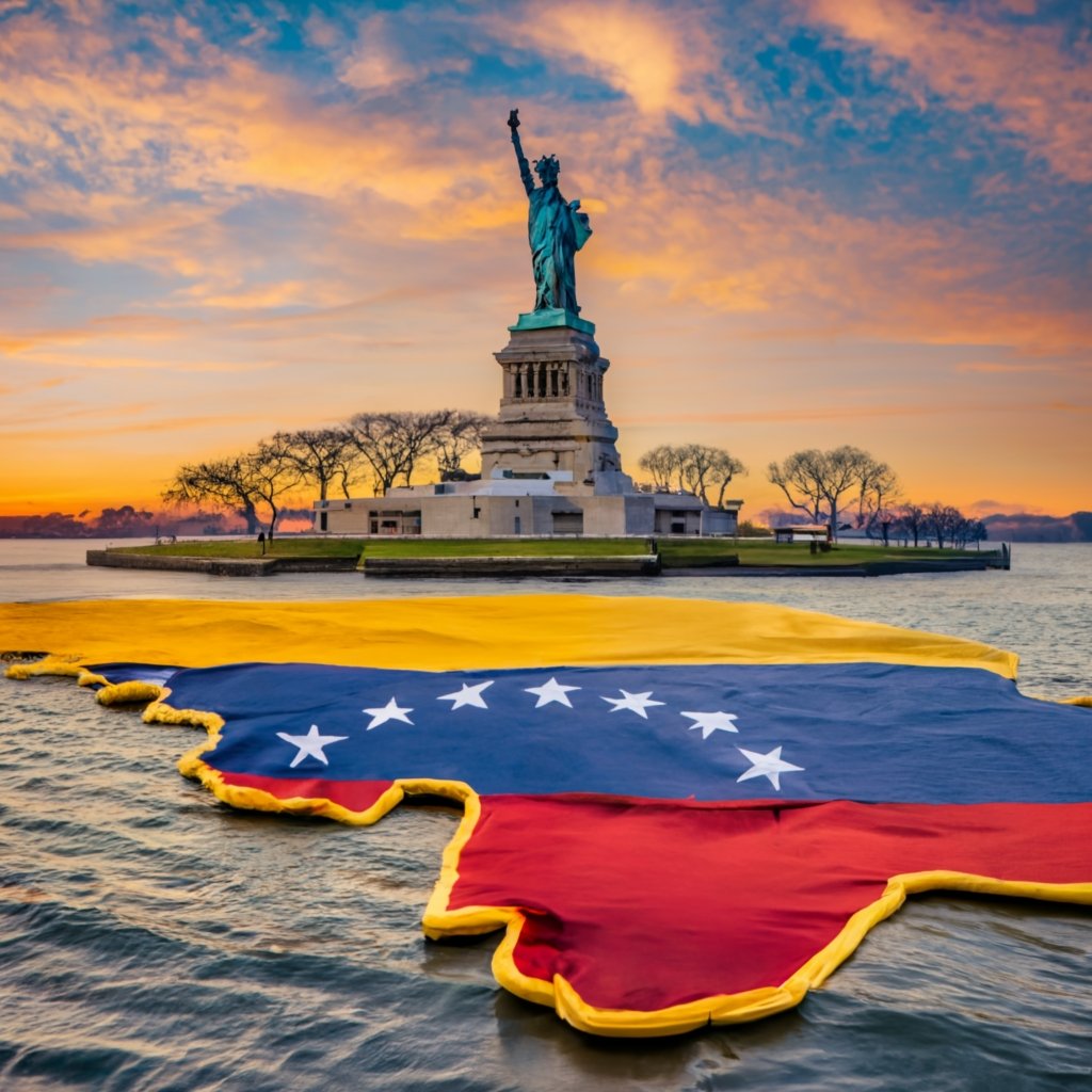 A Venezuelan flag overlaying a silhouette of the United States, symbolizing the protection Venezuelan nationals can find through TPS.