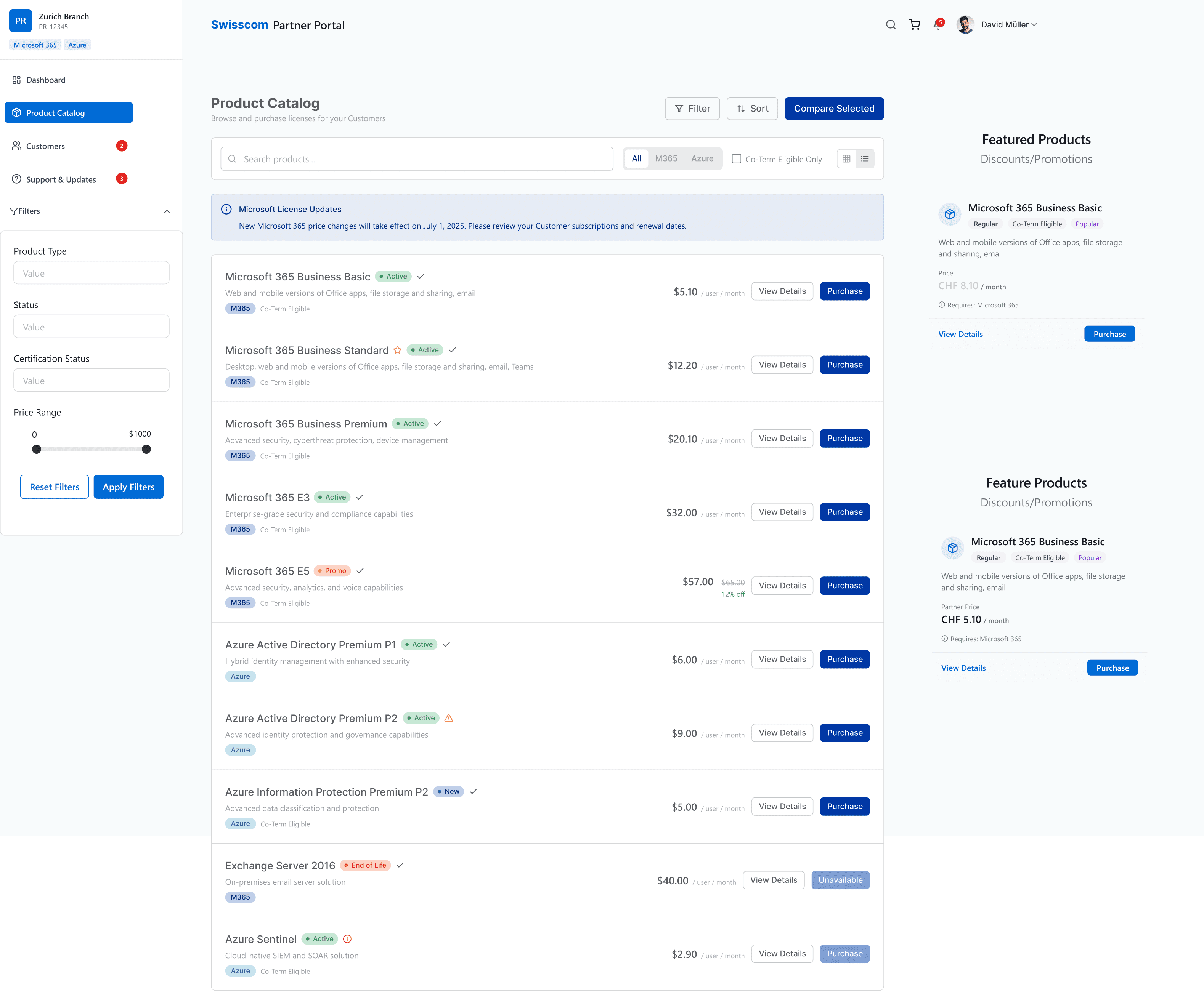 Swisscom customer portal product design screen.