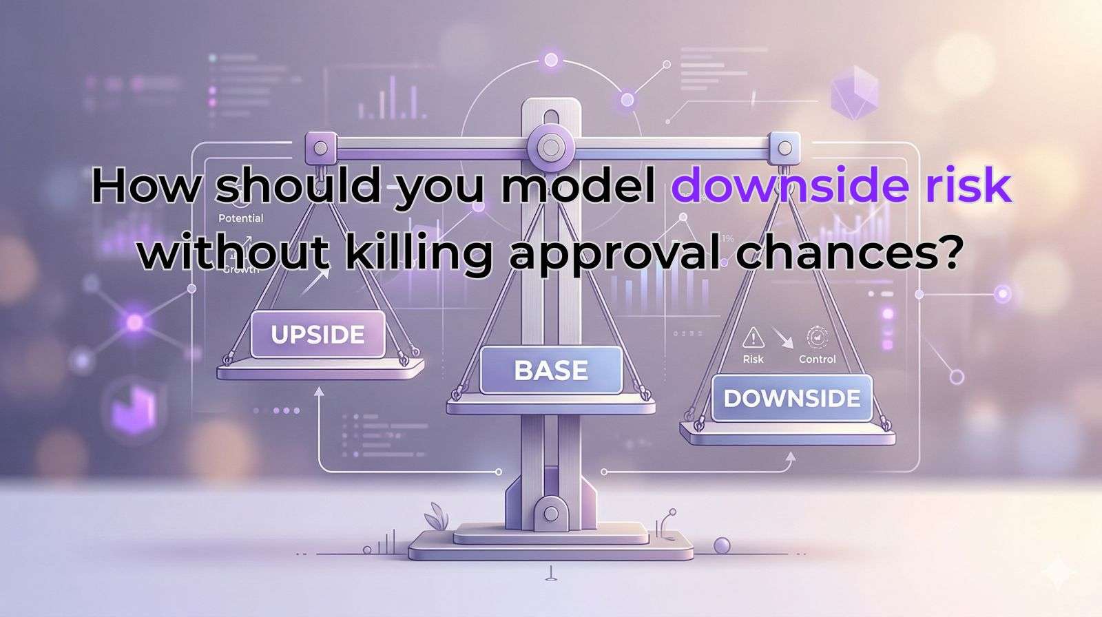 A central balanced scale with three clearly defined zones: “Upside”, “Base”, and “Downside”. The downside is not broken or extreme, just slightly lower, with a title of “How should you model downside risk without killing approval chances?” in black, with “downside risk” highlighted in purple.