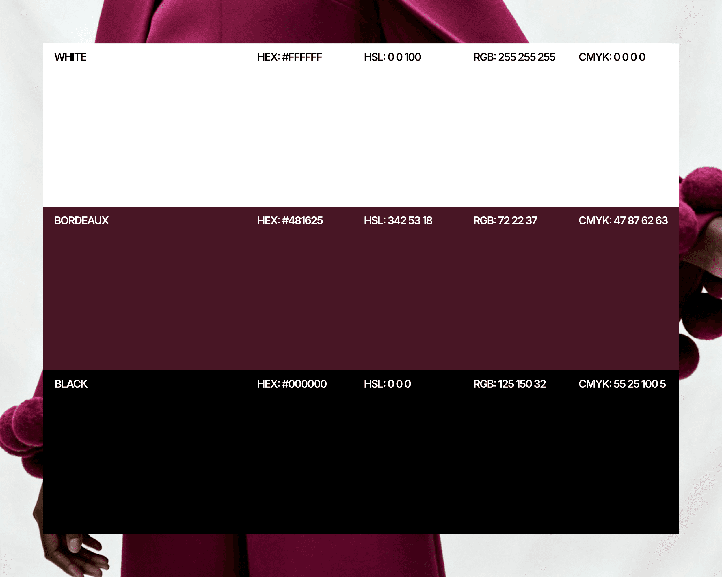 The Maison Élan color palette, which consists of white, burgandy, and black.
