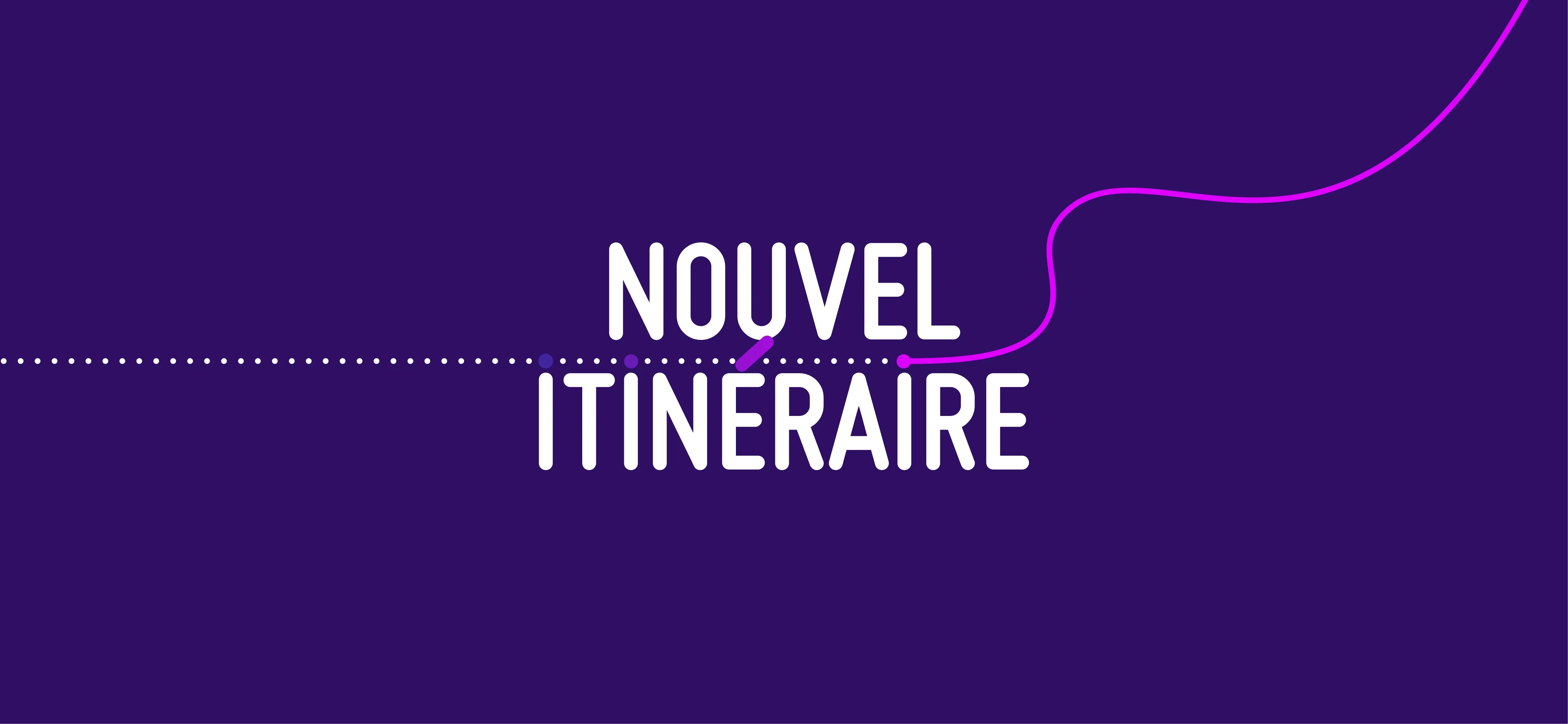 Logo animé Nouvel Itinéraire sur fond violet, illustrant notre expertise en "Stratégie de contenu" et en production audiovisuelle pour accompagner la promotion de la reconversion professionnelle de manière inspirante.