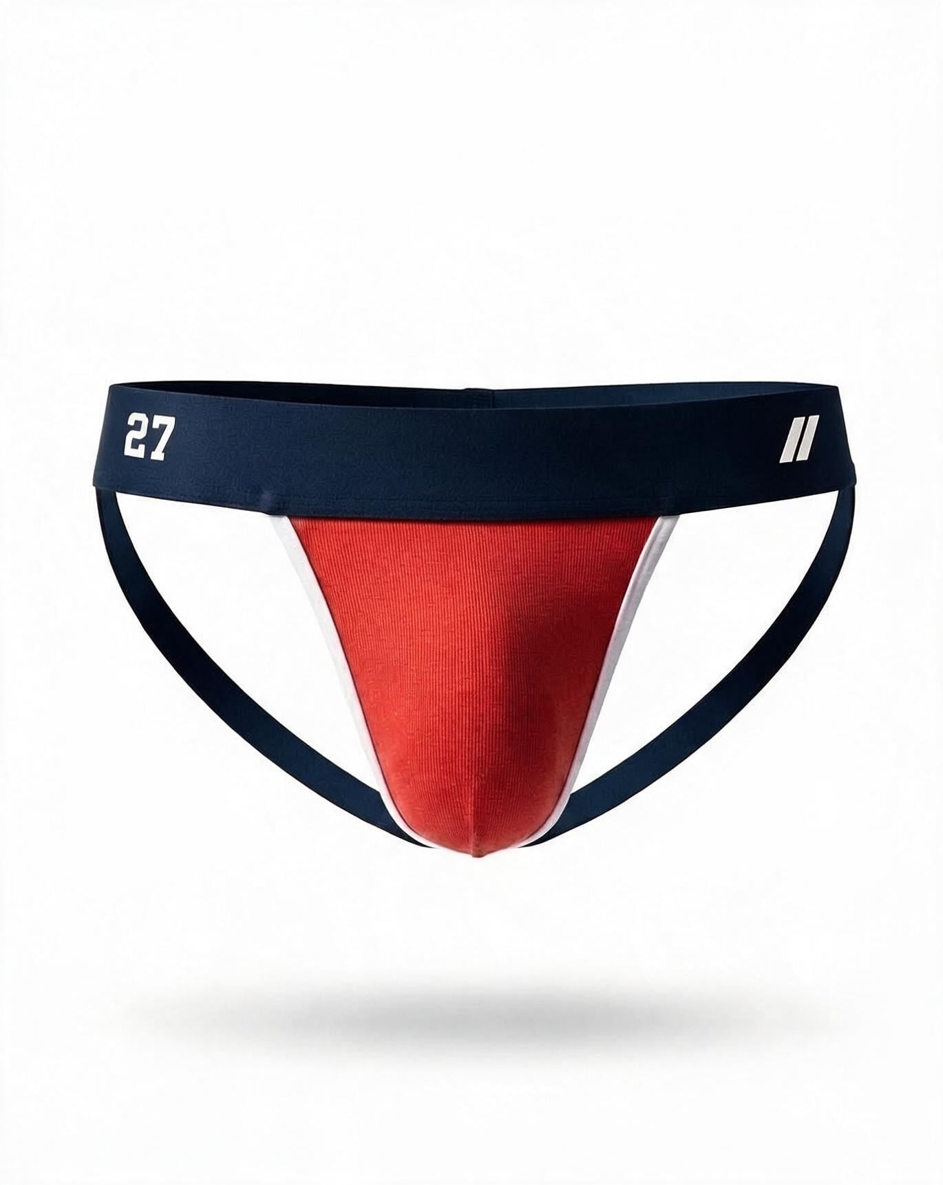 Men’s jockstrap: navy band, red front, white trim, number 27 and double slash