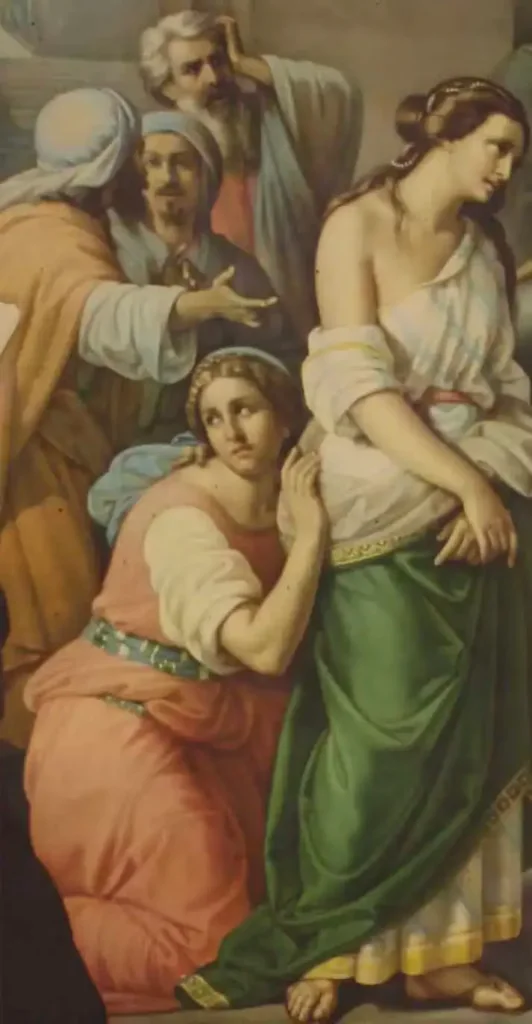 Religious mosaic artwork depicting Mary Magdalene and Jesus from John 8:7.