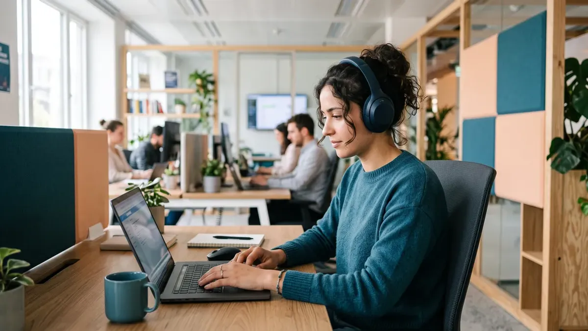 Persona con auriculares trabajando con su portátil en una oficina con otros compañeros, durante su formación en empresa