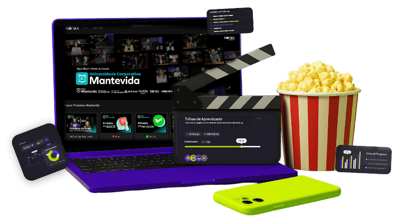 An animated character in a purple outfit holds a laptop with various icons and symbols around them, thumbs up.