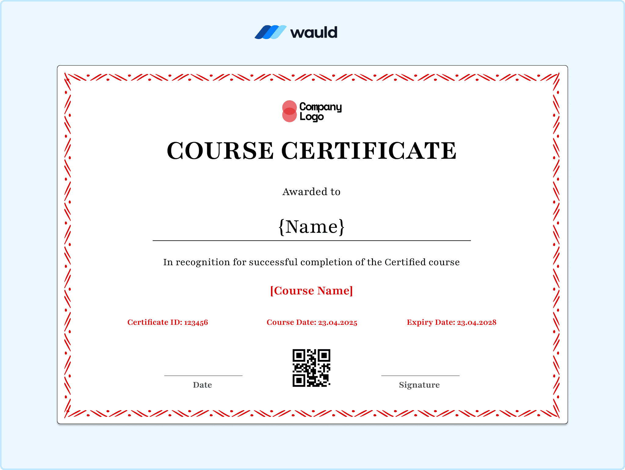 White course certificate template with red dotted border