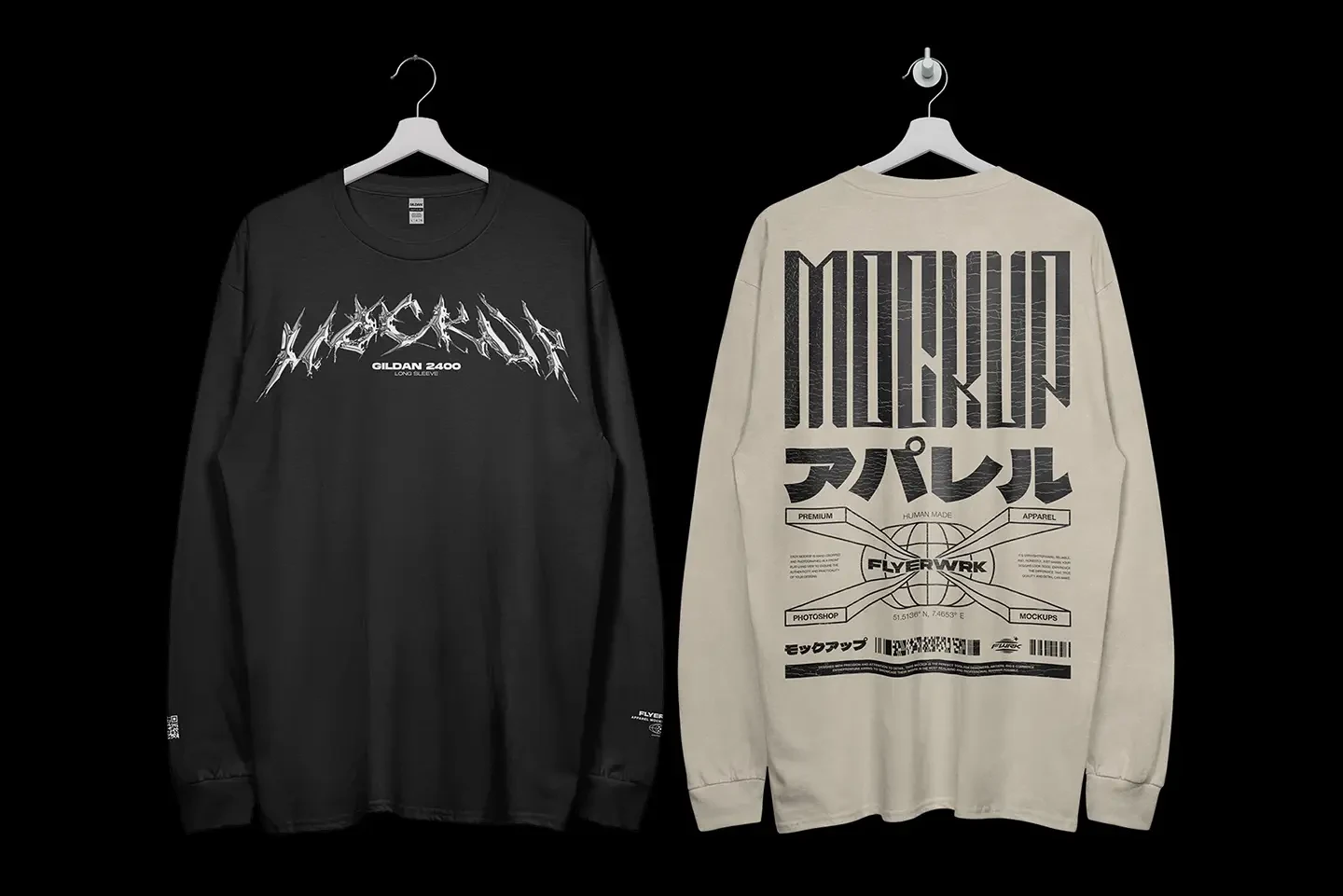 Gildan 2400 long sleeve hanging mockup showing front and back design preview