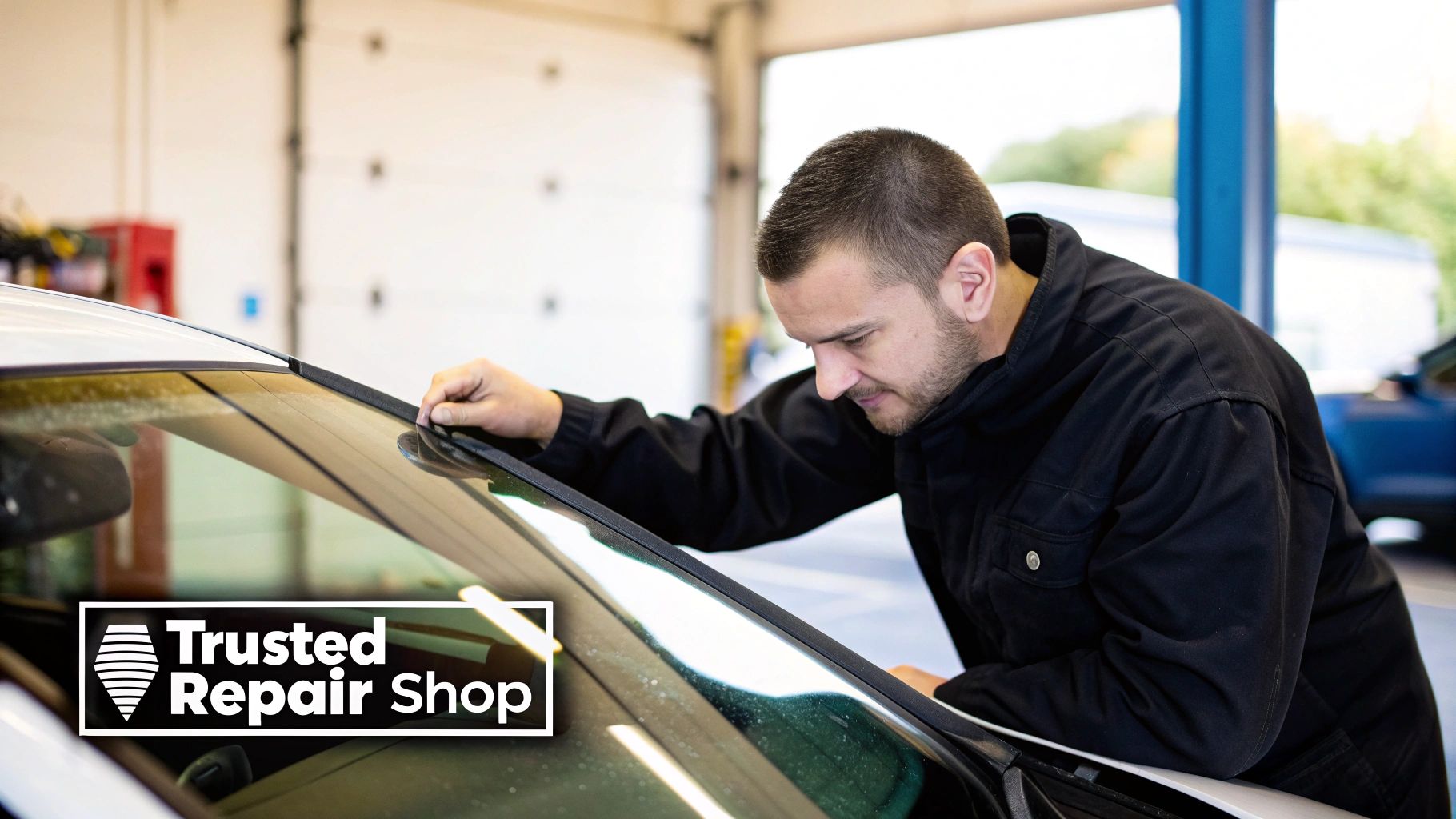 A skilled technician carefully inspecting a windshield for chips and cracks in a well-lit auto repair shop.