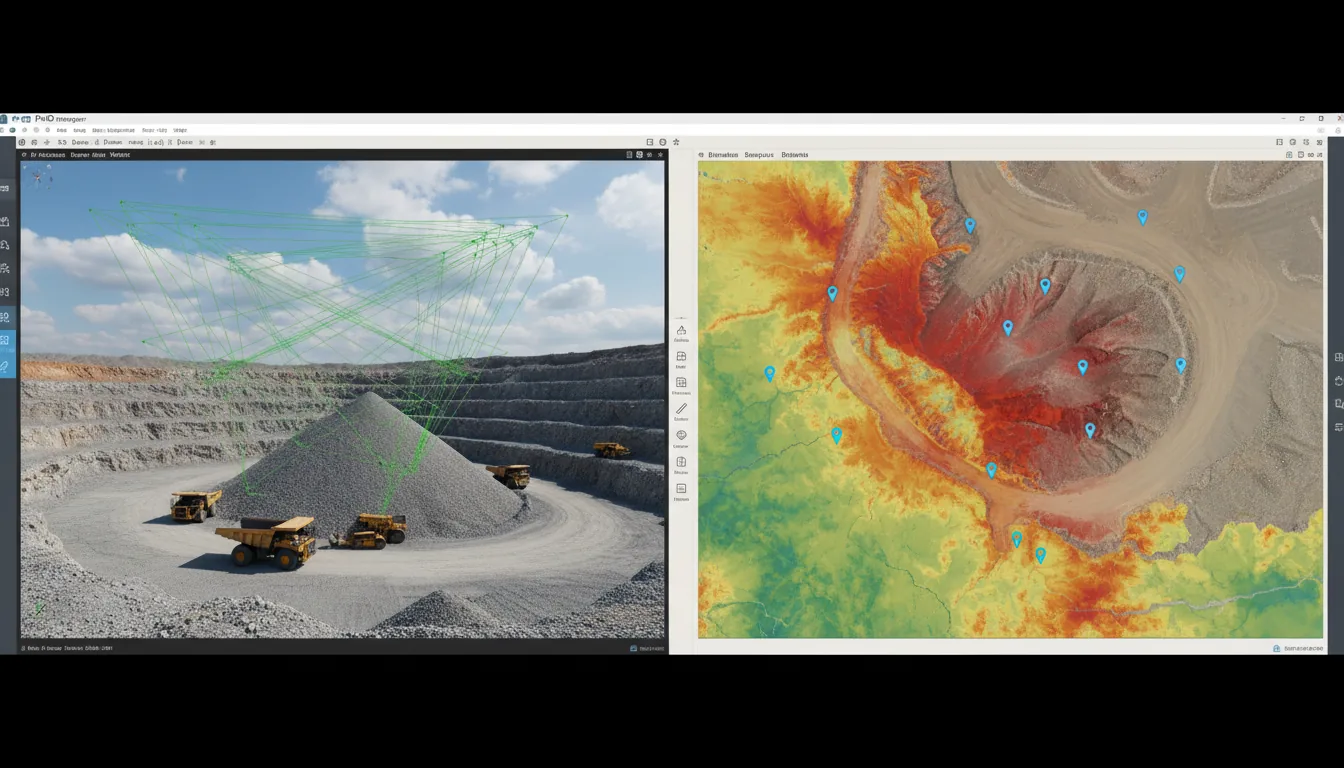 A side-by-side comparison view within the Pix4Dmapper photogrammetry software interface. The left panel shows a 3D render viewport of a gravel quarry with several yellow mining dump trucks next to a large aggregate pile; overlaid in the sky is a green wireframe grid representing a drone survey flight path. The right panel displays a clean light mode UI showing a top-down Digital Surface Model of the same quarry, visualized as a heat map with a vibrant red-to-yellow-to-green elevation gradient. The UI includes blue map pin icons and a simple vertical toolbar with abstracted UI elements.