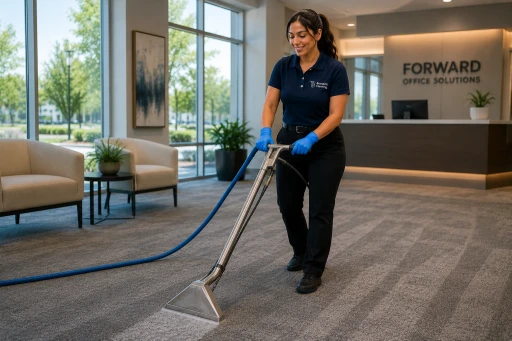 A smiling commercial carpet cleaning professional with Brenda's Cleaning service operating an industrial hot water extraction wand across a large carpeted office lobby. Dressed in a branded navy blue uniform polo shirt, black work pants with a belt, black shoes, and blue protective gloves, she is deep cleaning the commercial-grade carpeting. The scene highlights professional carpet cleaning, stain removal, and commercial property janitorial services inside a modern office building reception area featuring large windows, modern lounge chairs, and a front desk with a sign reading "FORWARD OFFICE SOLUTIONS."