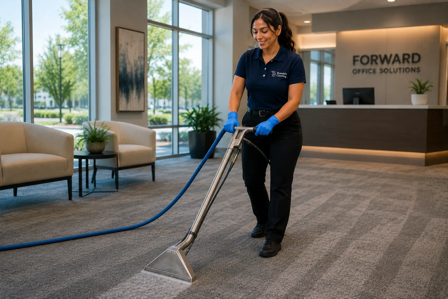 A smiling commercial carpet cleaning professional with Brenda's Cleaning service operating an industrial hot water extraction wand across a large carpeted office lobby. Dressed in a branded navy blue uniform polo shirt, black work pants with a belt, black shoes, and blue protective gloves, she is deep cleaning the commercial-grade carpeting. The scene highlights professional carpet cleaning, stain removal, and commercial property janitorial services inside a modern office building reception area featuring large windows, modern lounge chairs, and a front desk with a sign reading "FORWARD OFFICE SOLUTIONS."