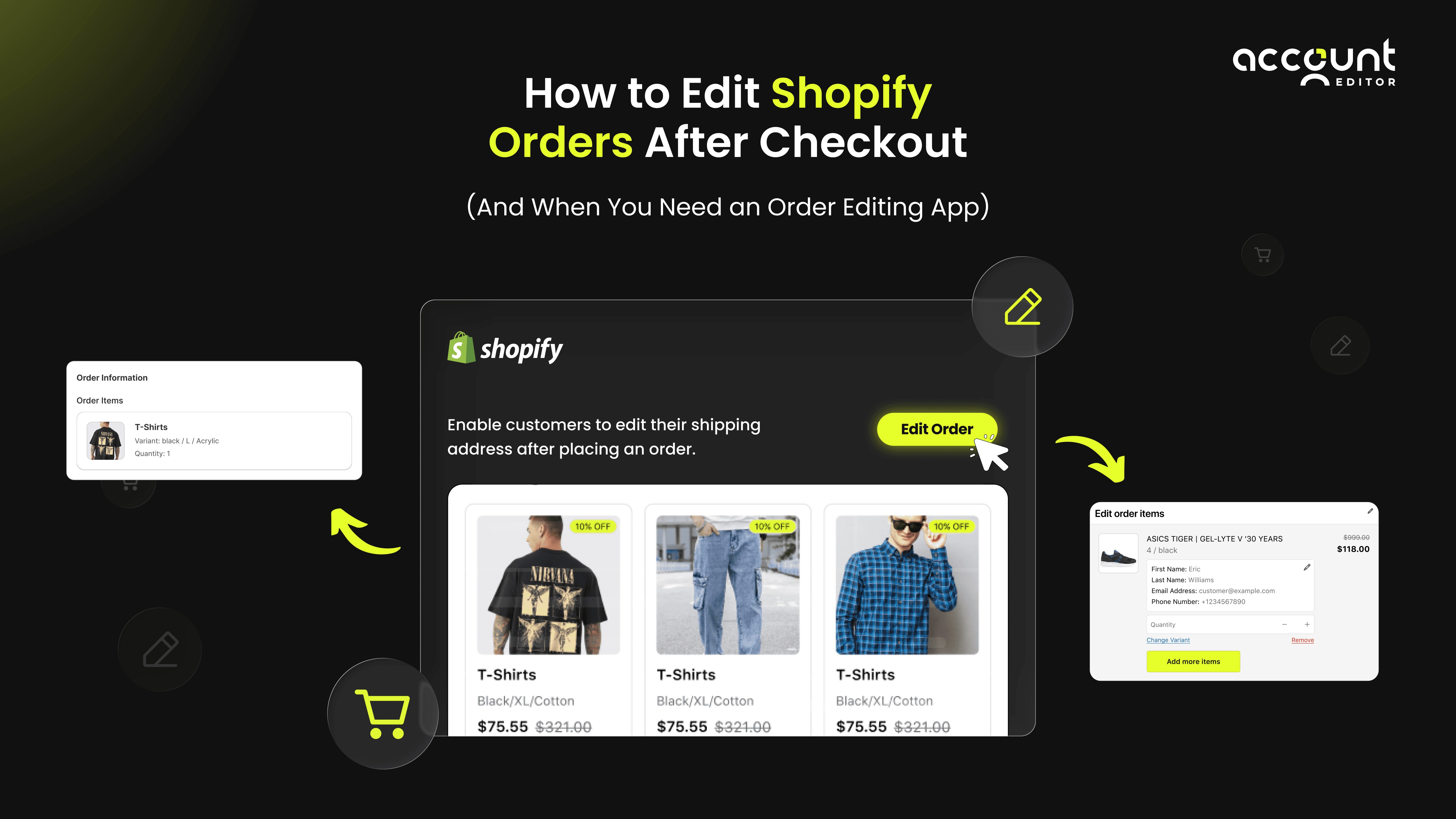 Visual example of order editing, variant changes, and address updates using an order editing app
