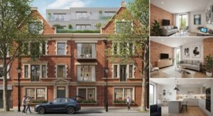 Brick office building with rooftop extension and landscaped entrance, paired with modern interior views showcasing residential conversion potential.