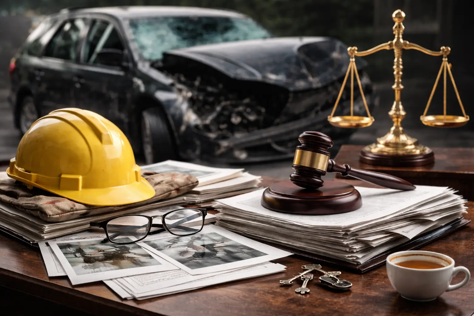 Judge’s gavel and scales of justice on accident documents with a damaged car in the background, symbolizing a gross negligence personal injury case