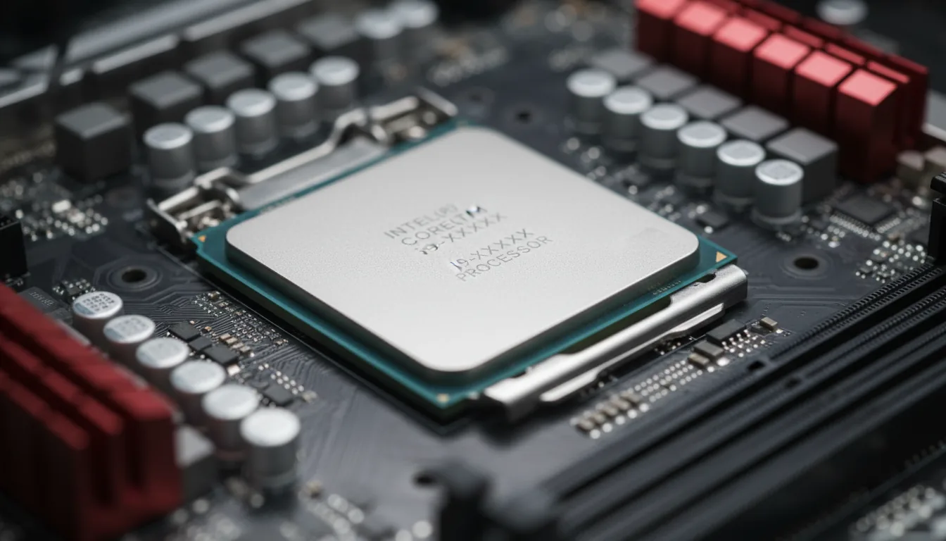 Macro DSLR photo of an Intel Core i9 CPU processor installed in the socket of a black computer motherboard, angled view. Soft studio lighting highlights the brushed metal texture of the processor and the shiny silver retention bracket. Extreme shallow depth of field with the CPU in sharp focus, while the surrounding black PCB, silver capacitors, and red components blur into a soft bokeh background. The CPU surface has faint, laser-etched placeholder text.