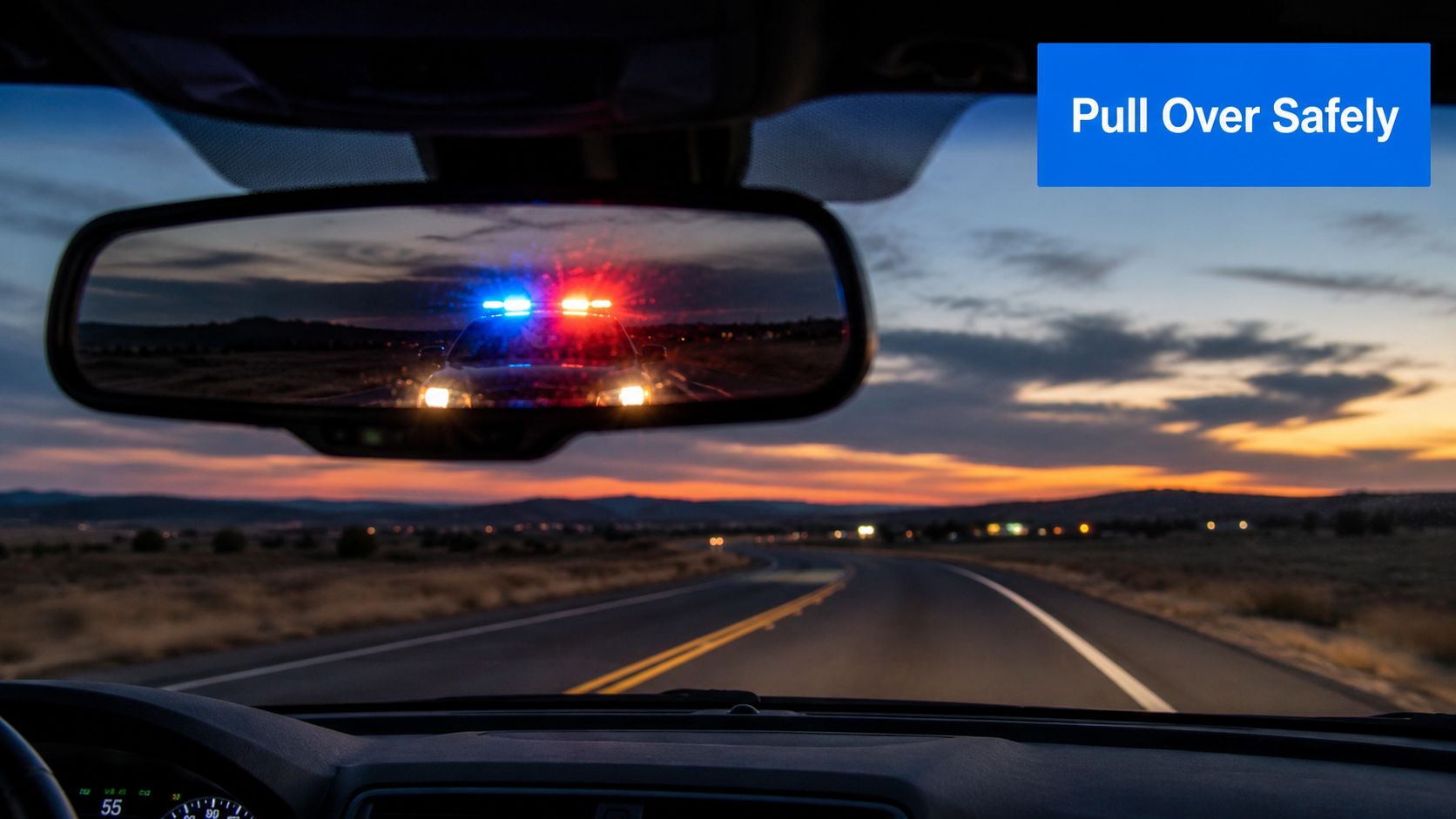 A view from inside a car at sunset showing a police vehicle with flashing lights in the rearview mirror.