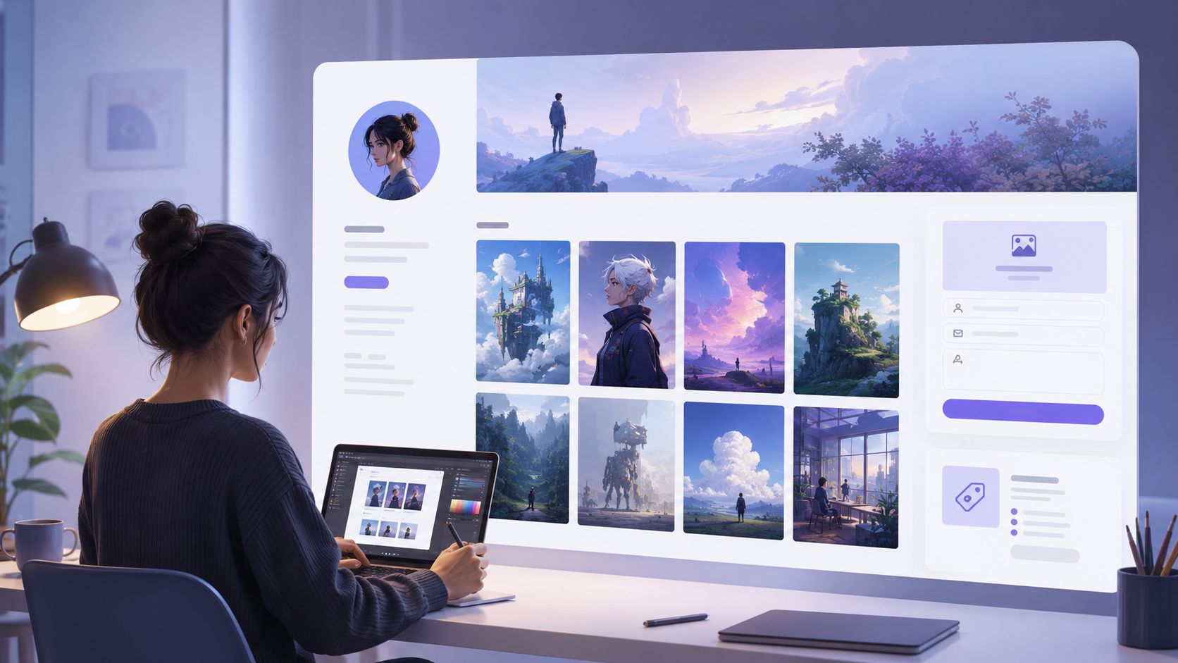 A digital creator working on a laptop design project with a large screen displaying an artistic portfolio.