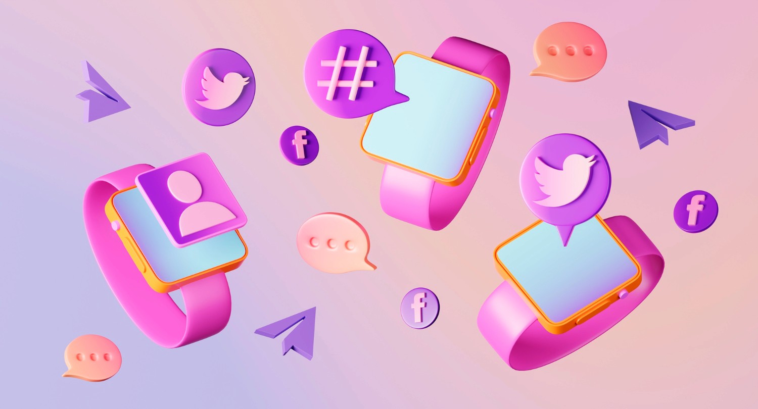 Social media icons displayed on a vibrant pink background, representing various platforms and connectivity.