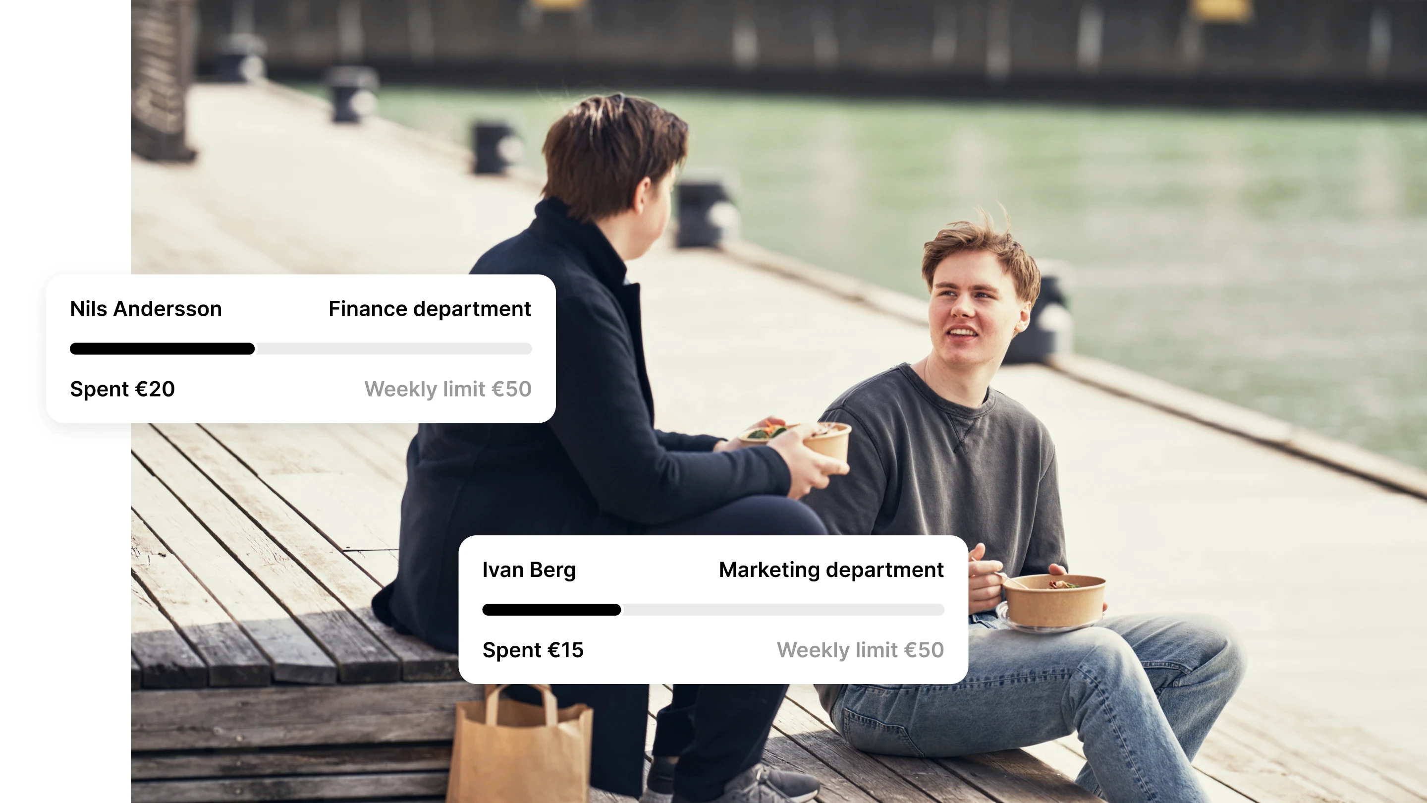 Two people enjoying employee benefits on the dock