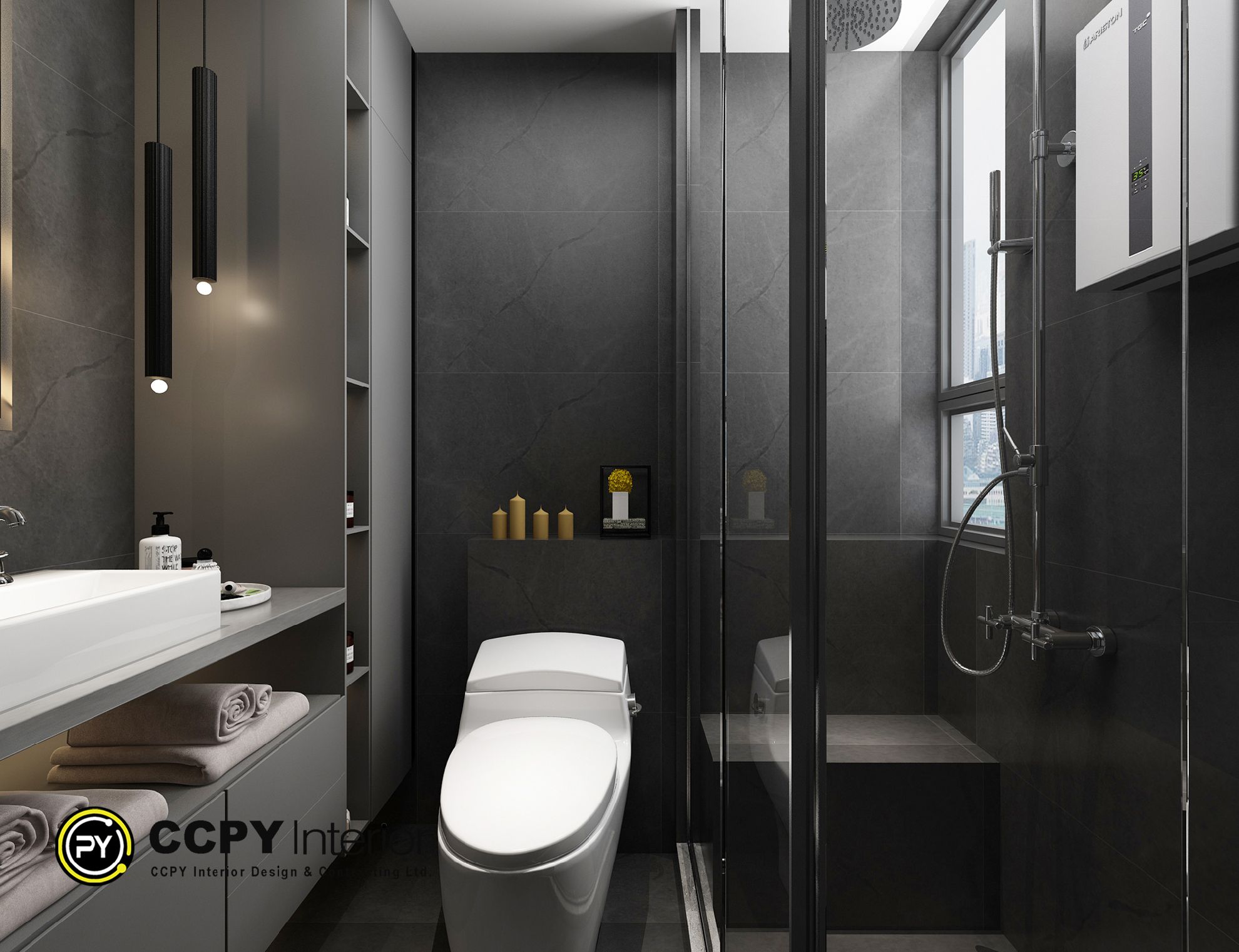 Modern dark gray bathroom with toilet and shower