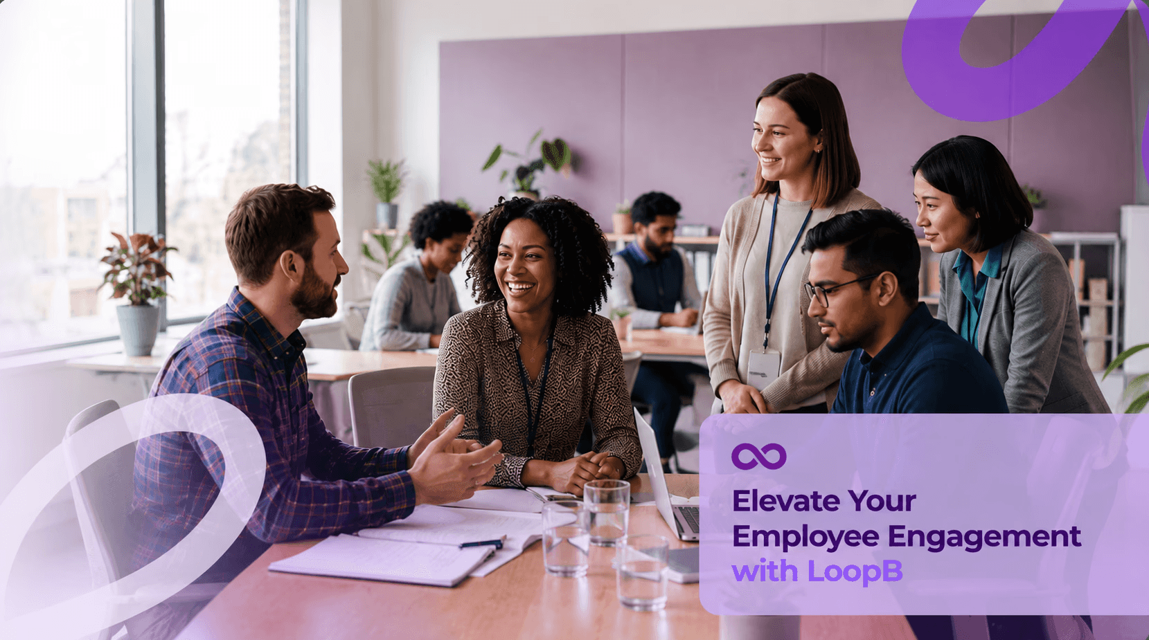 LoopB employee engagement platform illustration showing team communication, feedback, and social connection
