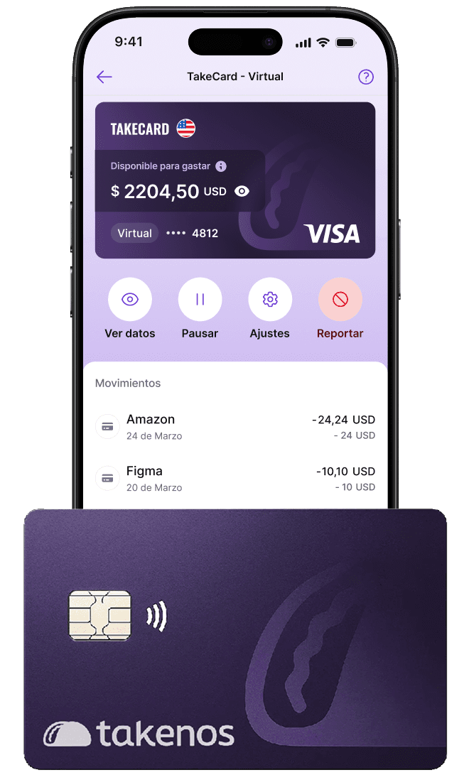 Celular con la app de Takenos mostrando la tarjeta internacional virtual, debajo del celular la tarjeta internacional física