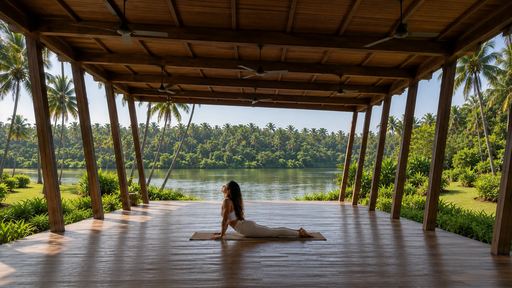 Solo morning practice in the river shala at Jaali River Sanctuary
