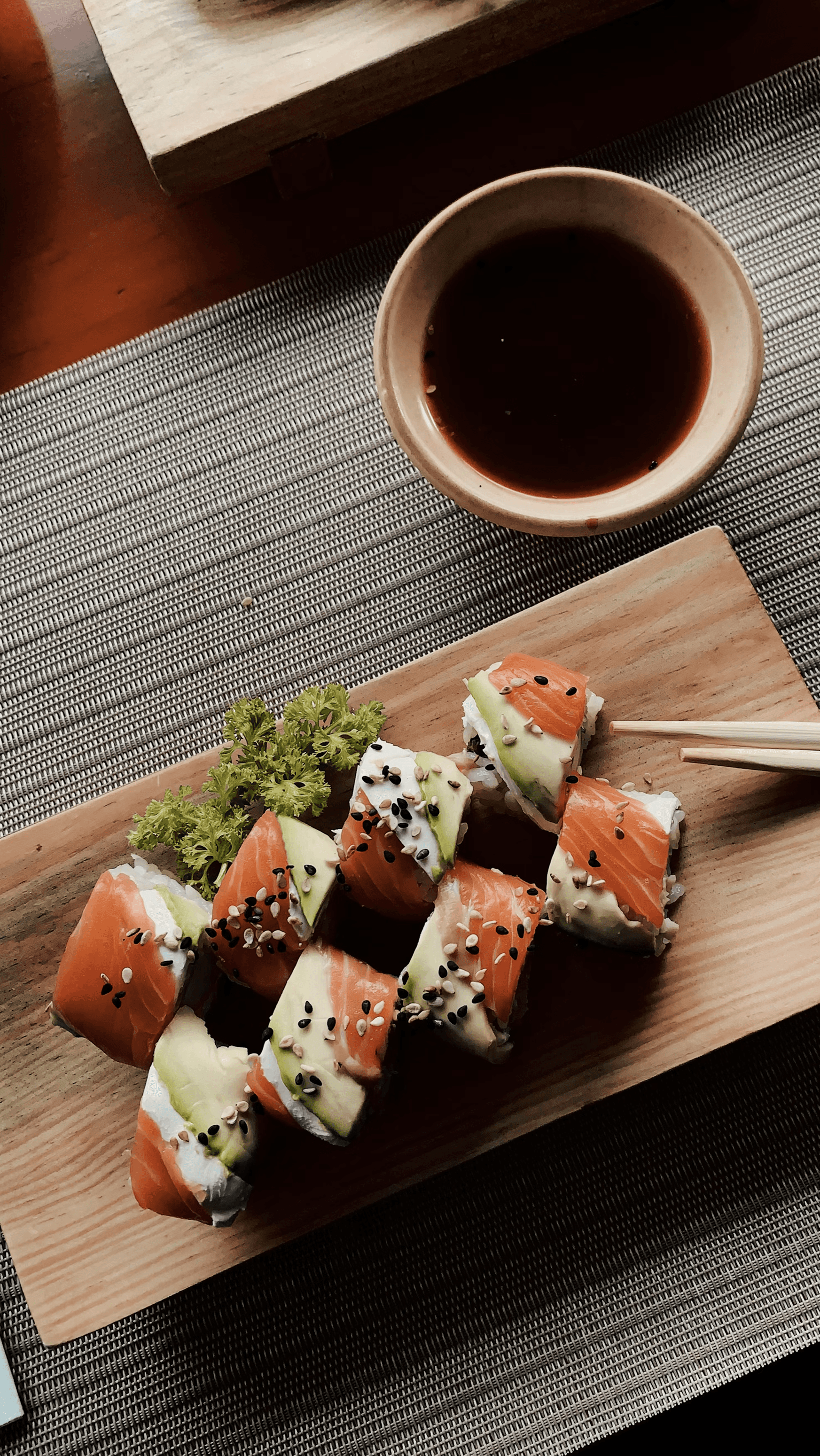 Assorted vegetarian sushi rolls with cucumber and avocado