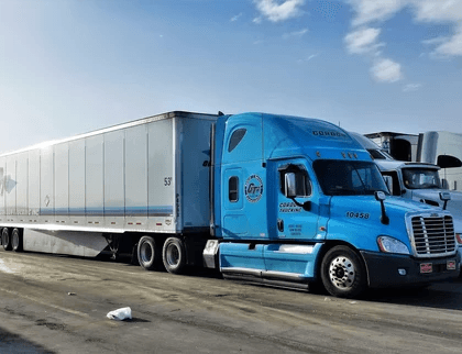 Blue semi-truck with a white trailer parked at a rest stop.