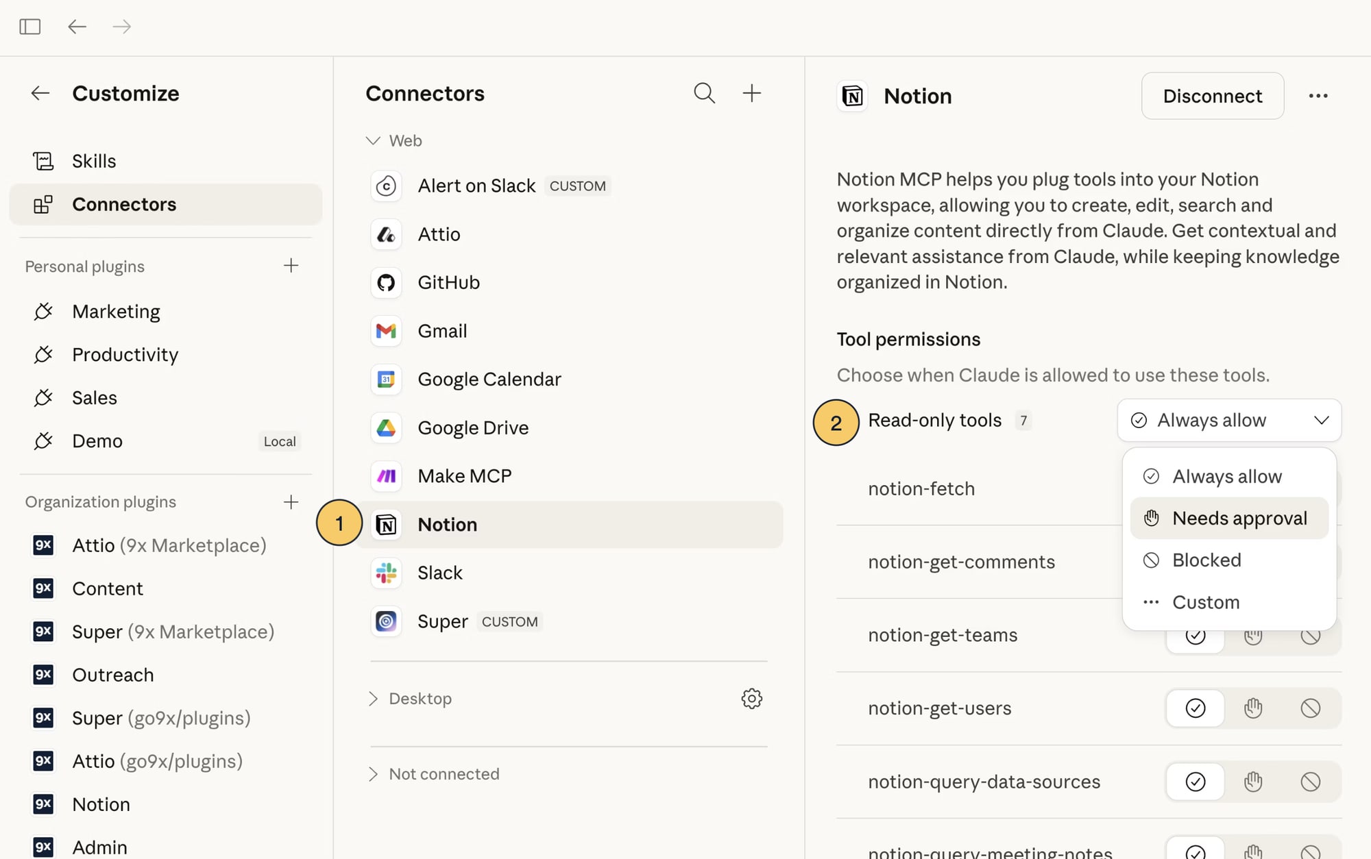 Setting the permission level on a Notion connector in Claude, with the dropdown open on Always allow, Needs approval and Blocked.