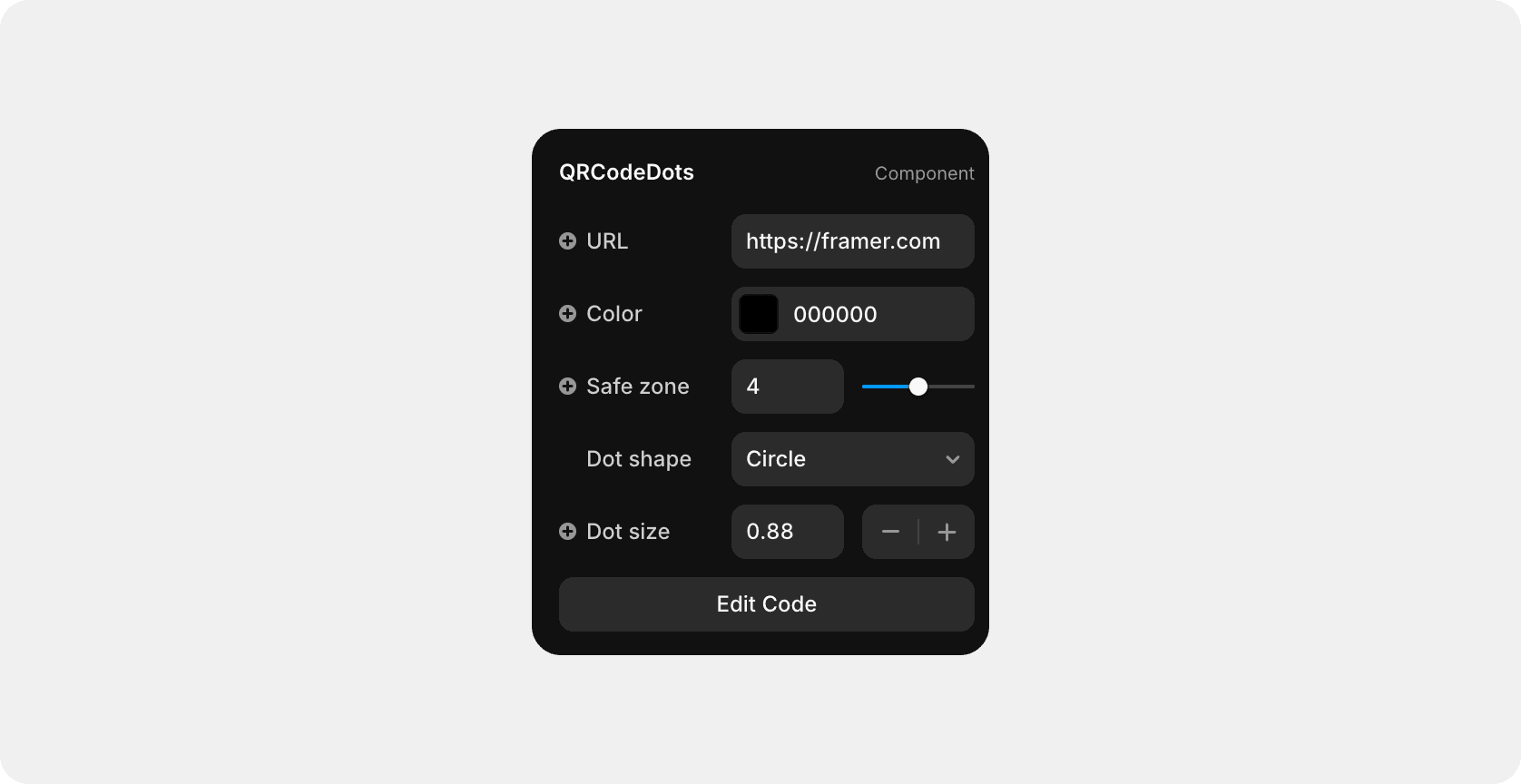 QRCodeDots Framer component settings panel