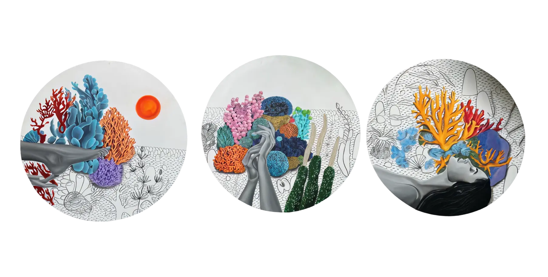 A three-panel circular artwork series featuring grayscale human limbs and faces intertwined with vivid coral reefs and sea flora, set against a partially illustrated underwater landscape.