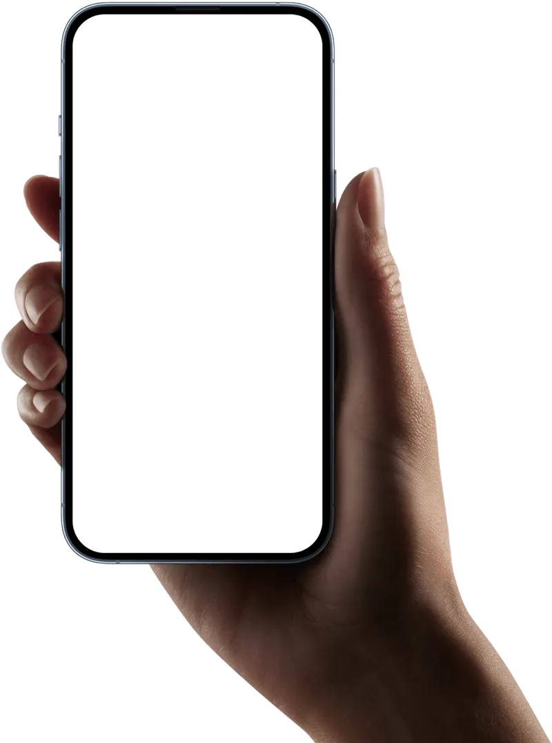 A hand holding a smartphone mockup with a blank screen.