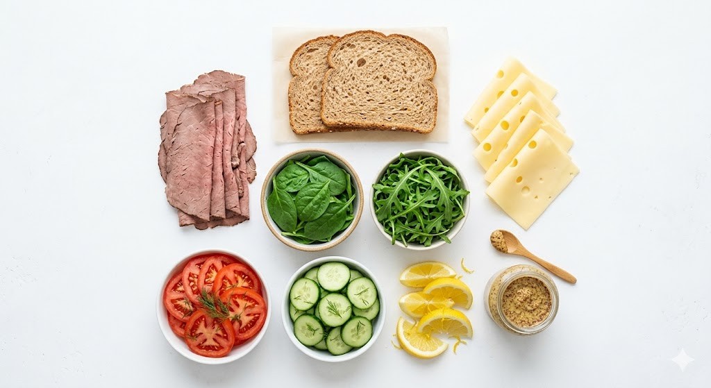 A top-down view of meticulously arranged ingredients on a white surface for a healthy roast beef sandwich: whole-wheat bread, sliced lean roast beef, Swiss cheese, fresh spinach, arugula, tomatoes, cucumbers, a jar of grainy mustard, and lemon wedges.