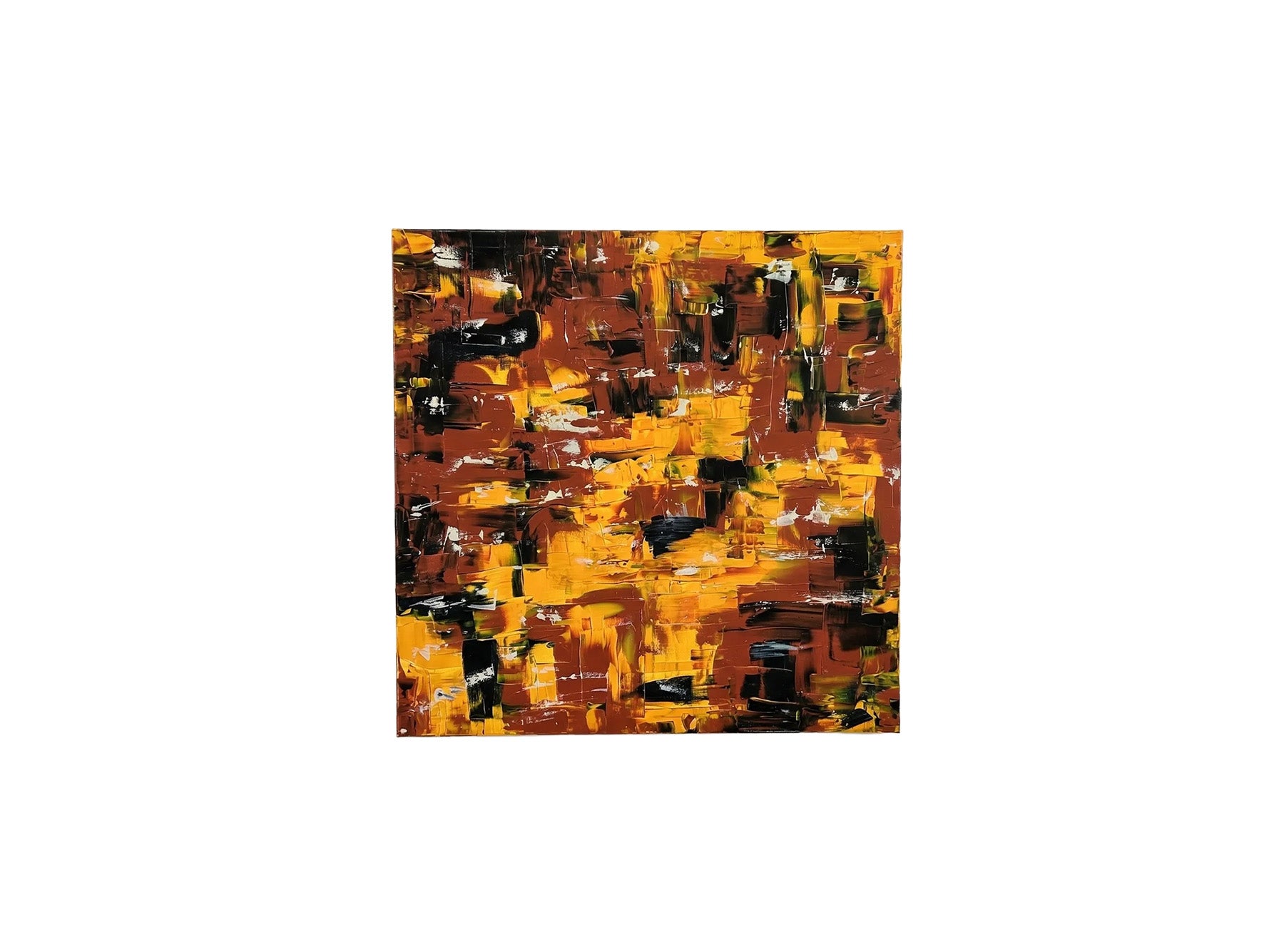 Original abstract acrylic painting with bold orange, yellow, black and white brushstrokes in a textured modern composition